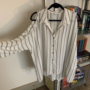 collared black & white striped blouse